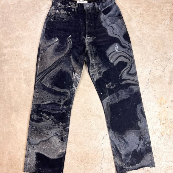 Reformation Marble Painted Cropped Distressed Black Raw Hem Jeans - 25 Waist - Picture 4 of 6